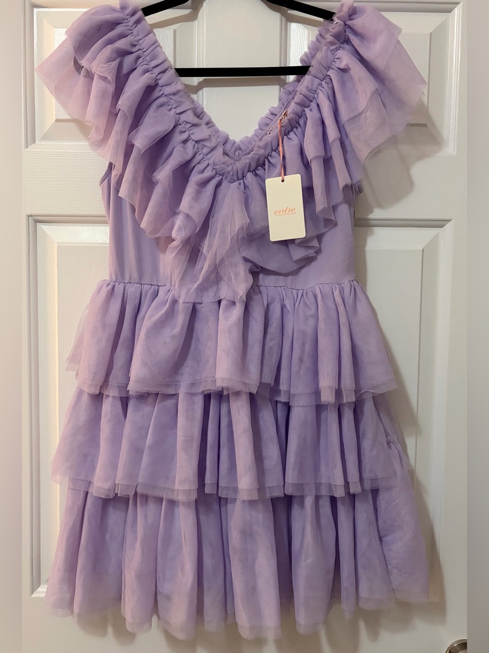 NWT Entro Ruffled Tulle V-Neck Tiered Mini Dress in Lavender